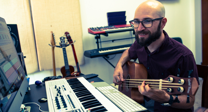 Bryan Minus recording in his studio